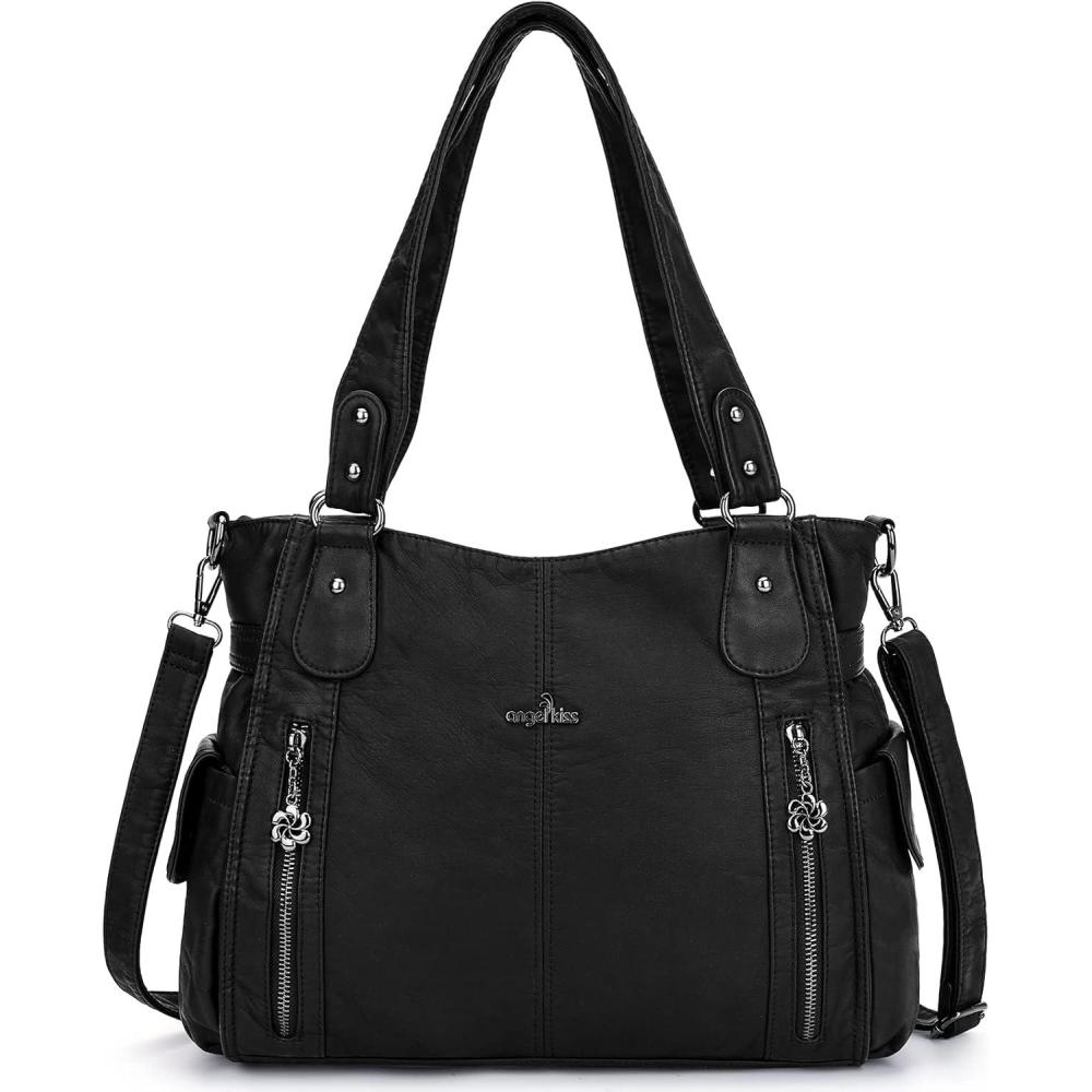 imageAngel Kiss Handbags for Womens TopHandle Hobo Purse Roomy Casual Shoulder Bags PU Tote Satchel Purse for WomenAblack