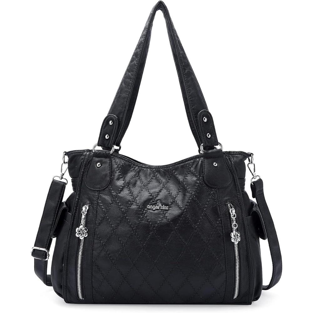 imageAngel Kiss Handbags for Womens TopHandle Hobo Purse Roomy Casual Shoulder Bags PU Tote Satchel Purse for WomenBlackl