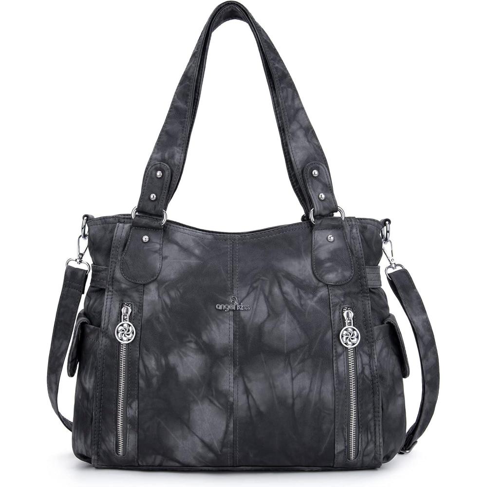 imageAngel Kiss Handbags for Womens TopHandle Hobo Purse Roomy Casual Shoulder Bags PU Tote Satchel Purse for WomenGblackGrey