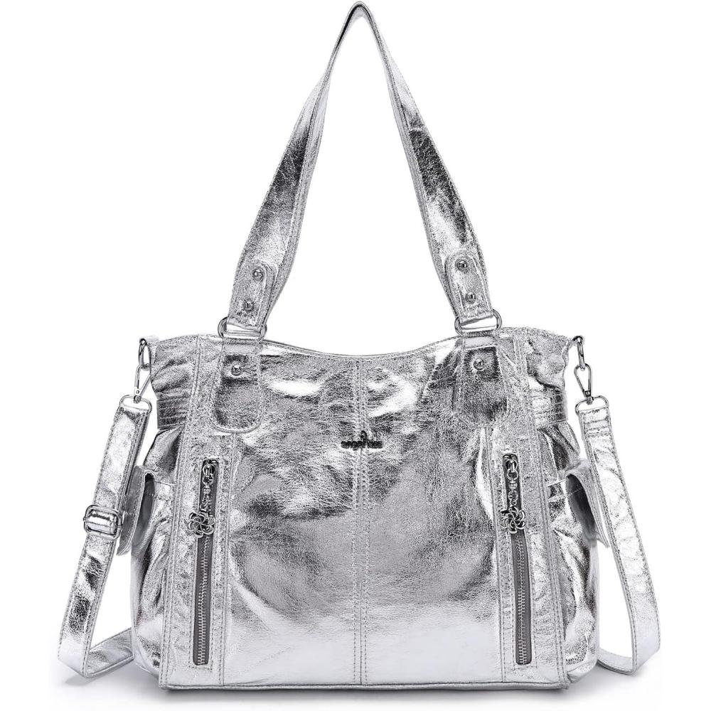 imageAngel Kiss Handbags for Womens TopHandle Hobo Purse Roomy Casual Shoulder Bags PU Tote Satchel Purse for WomenSilver