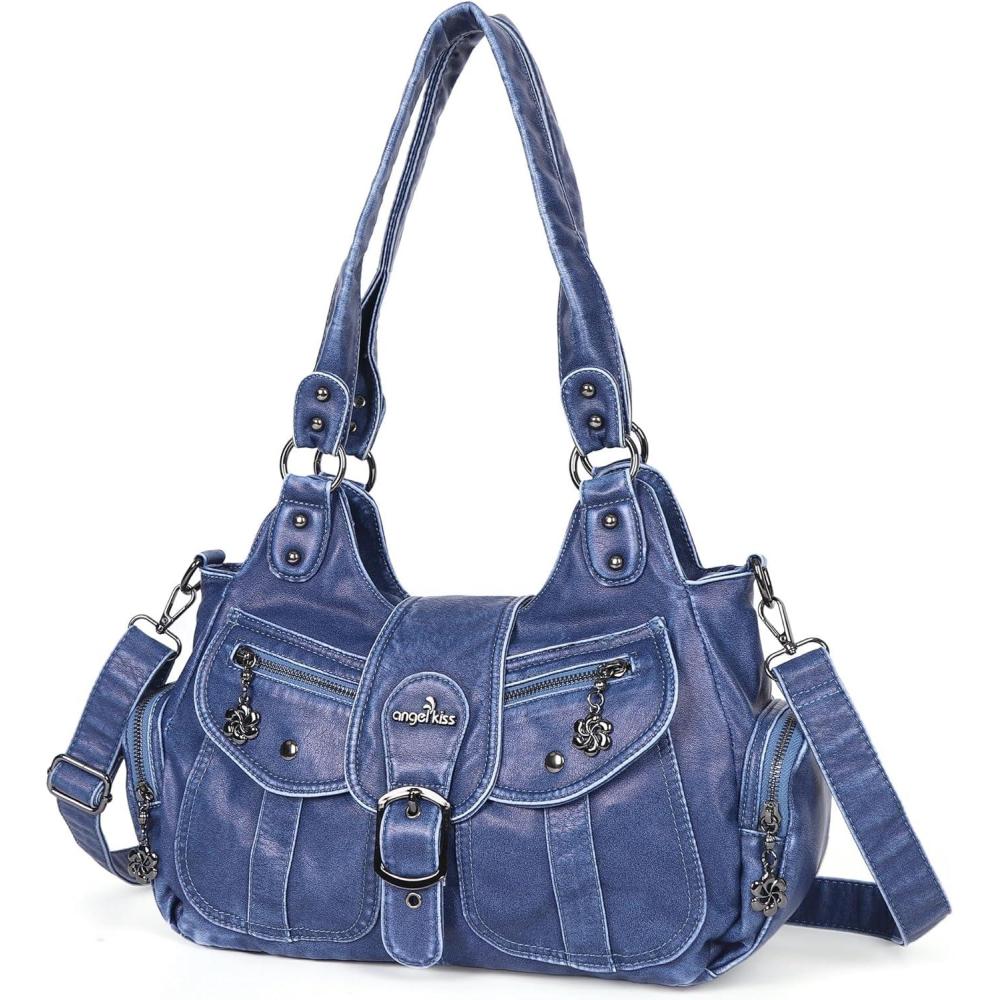 imageAngel Kiss Hobo Bags for Women Vegan Leather Shoulder Purses and Handbags Ladies Roomy Tote Bags Purse with Crossbody StrapBlue
