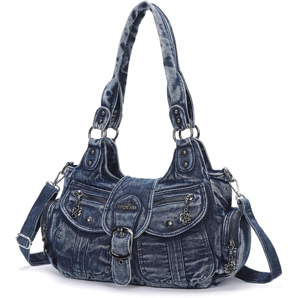 imageAngel Kiss Hobo Bags for Women Vegan Leather Shoulder Purses and Handbags Ladies Roomy Tote Bags Purse with Crossbody StrapDenim Blue