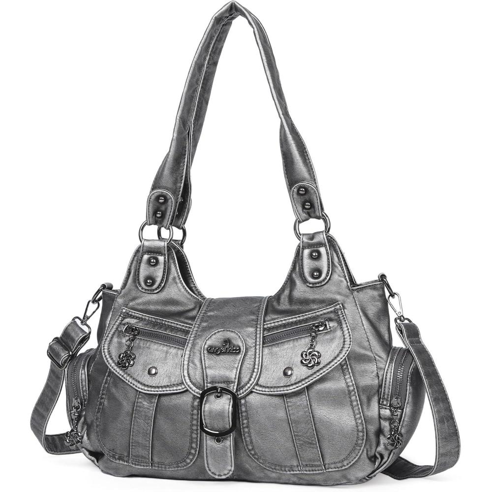 imageAngel Kiss Hobo Bags for Women Vegan Leather Shoulder Purses and Handbags Ladies Roomy Tote Bags Purse with Crossbody StrapSilver Grey