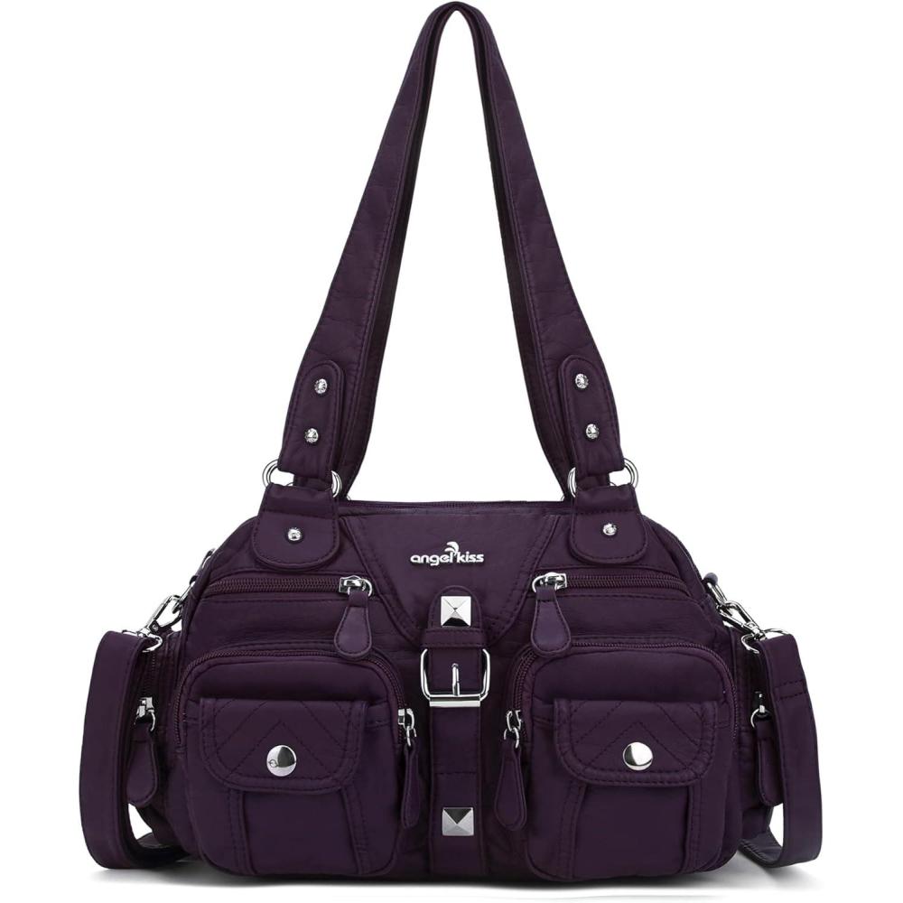 imageAngel Kiss Hobo Crossbody Purses for Women Shoulder Bag Multipocket Soft Hobo Purses Removable Strap Leather HandbagsPurple