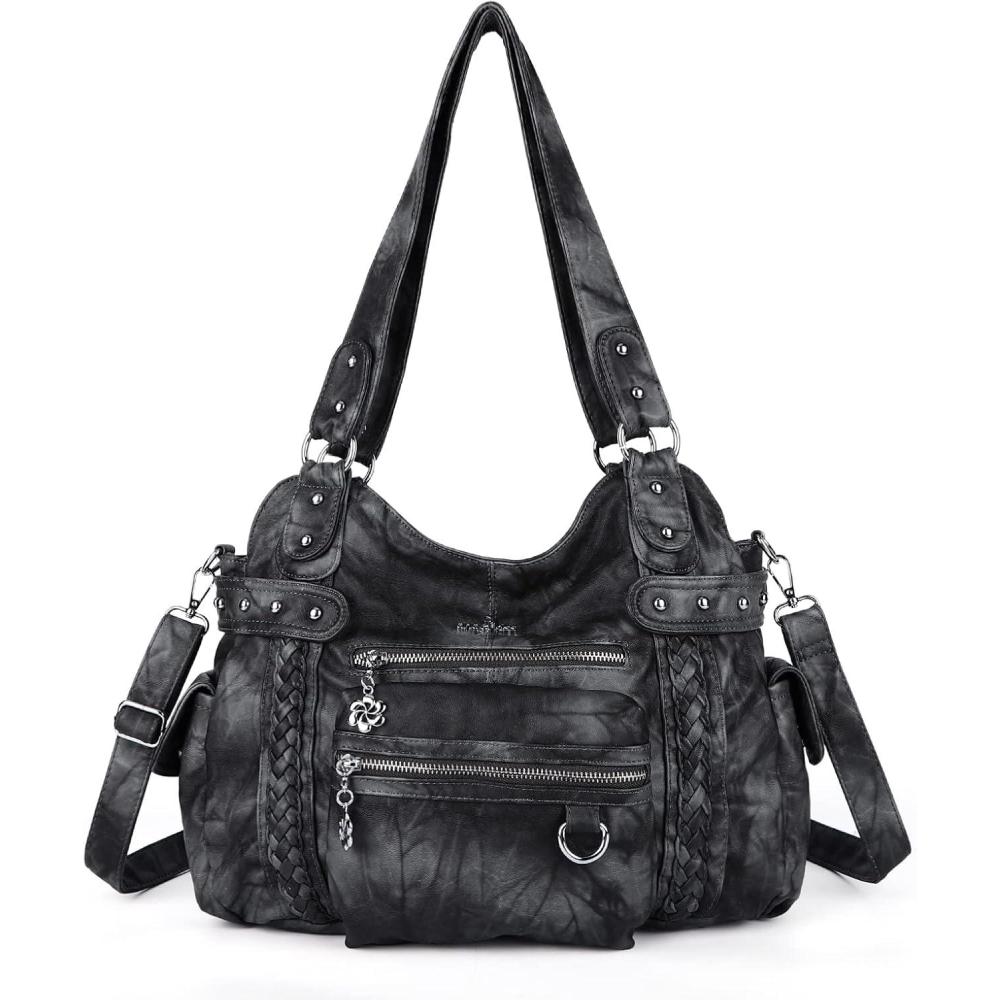 imageAngel Kiss Hobo Handbags for Women Soft PU Leather Shoulder Handbags Ladies PursesBlack Grey