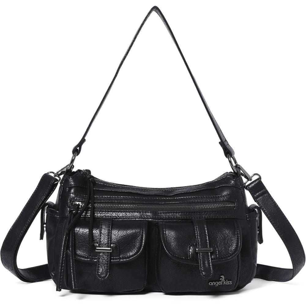 imageAngel Kiss Hobo Purses for Women Crossbody Shoulder Bag Ladies Multi Pocket Handbags with Adjustable Shoulder StrapBlack