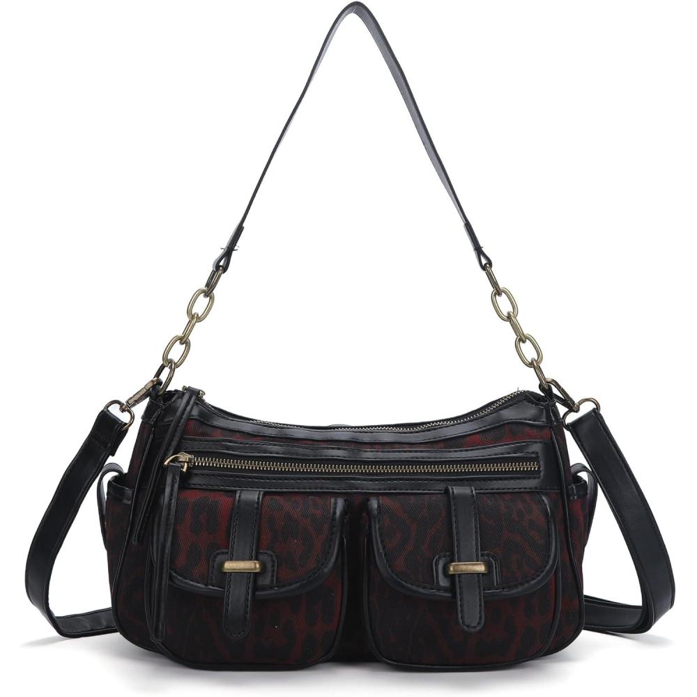 imageAngel Kiss Hobo Purses for Women Crossbody Shoulder Bag Ladies Multi Pocket Handbags with Adjustable Shoulder StrapLeopard Burgundy