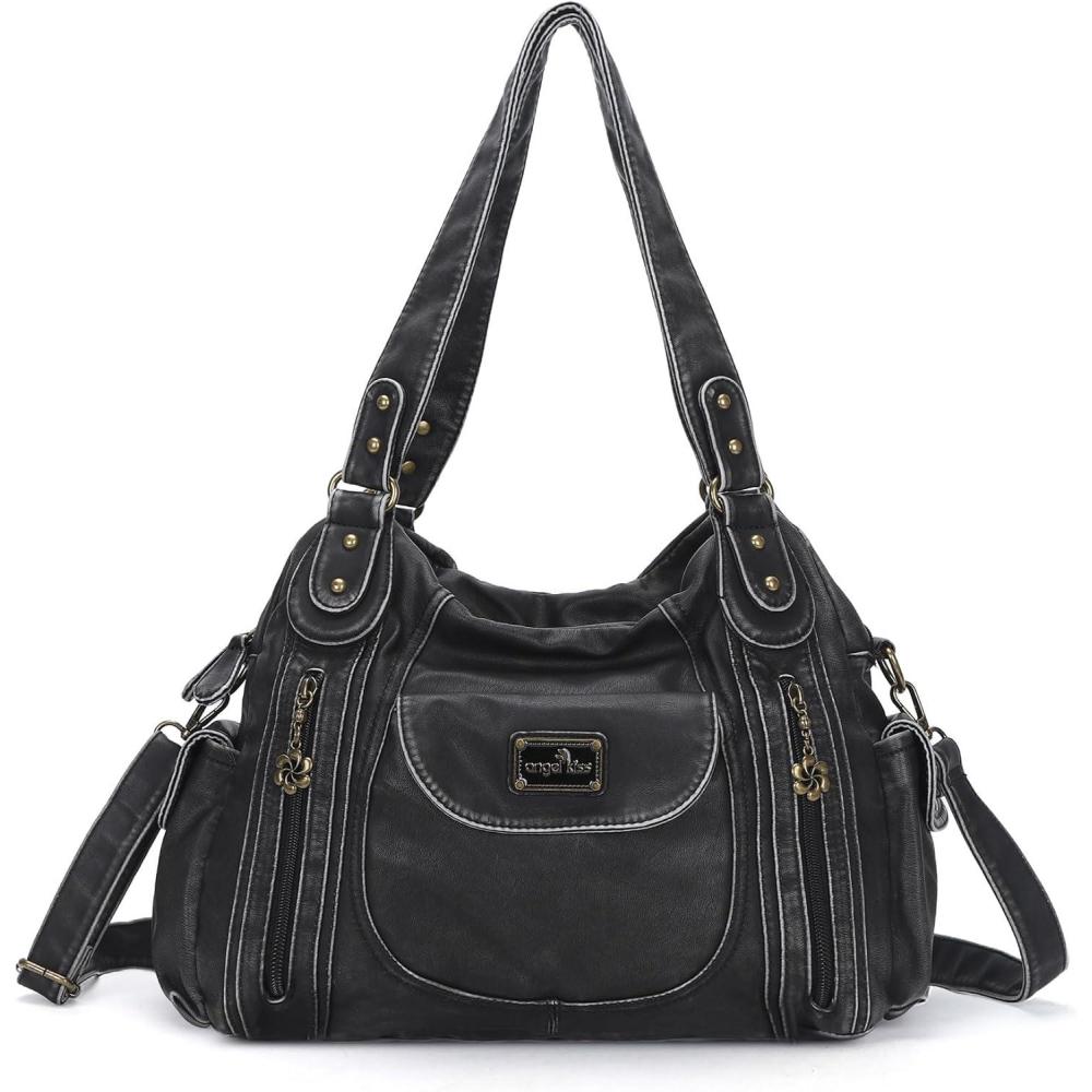 imageAngel Kiss Purses for Women Large Shoulder Bag Hobo Tote Purse Mutipocket Faux Leather Satchel Hobo PurseBlack 2