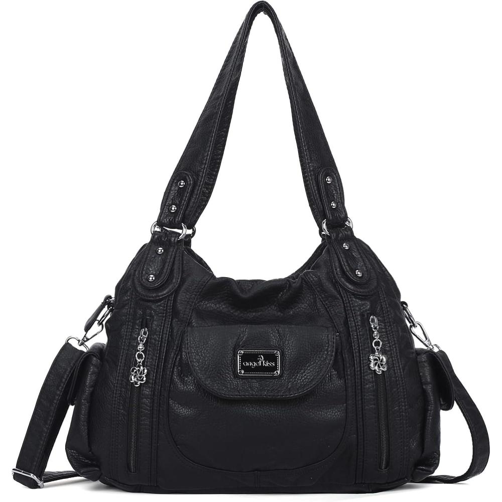 imageAngel Kiss Purses for Women Large Shoulder Bag Hobo Tote Purse Mutipocket Faux Leather Satchel Hobo PurseBlack