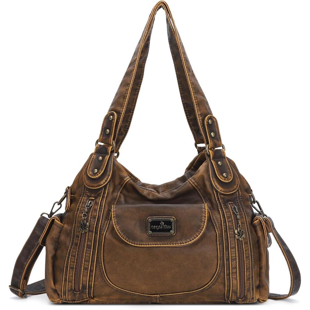 imageAngel Kiss Purses for Women Large Shoulder Bag Hobo Tote Purse Mutipocket Faux Leather Satchel Hobo PurseBrown 2