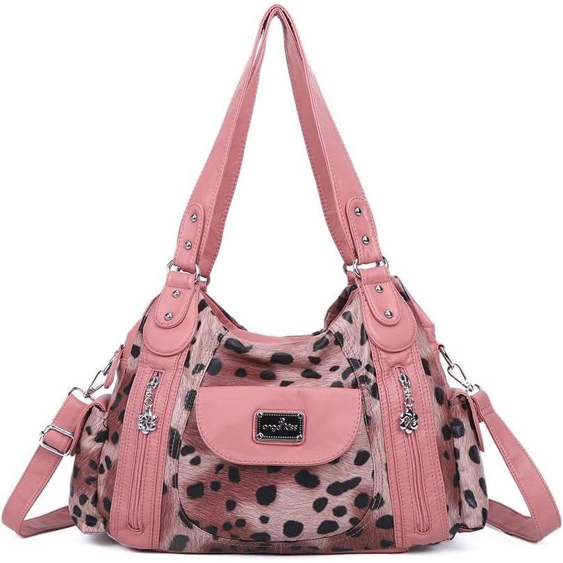 imageAngel Kiss Purses for Women Large Shoulder Bag Hobo Tote Purse Mutipocket Faux Leather Satchel Hobo PurseLeopard Pink