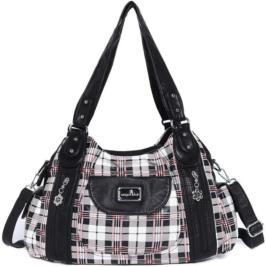 imageAngel Kiss Purses for Women Large Shoulder Bag Hobo Tote Purse Mutipocket Faux Leather Satchel Hobo PursePlaid Black