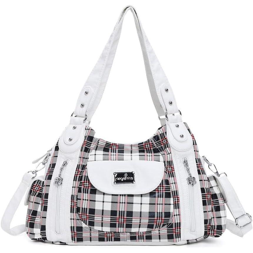 imageAngel Kiss Purses for Women Large Shoulder Bag Hobo Tote Purse Mutipocket Faux Leather Satchel Hobo PursePlaid White