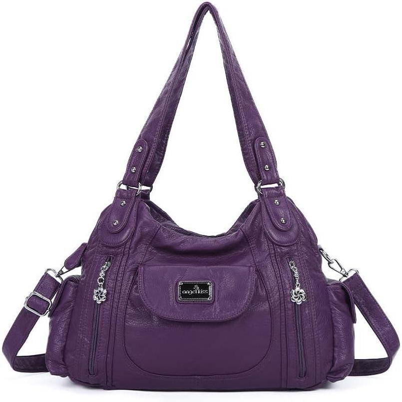 imageAngel Kiss Purses for Women Large Shoulder Bag Hobo Tote Purse Mutipocket Faux Leather Satchel Hobo PursePurple