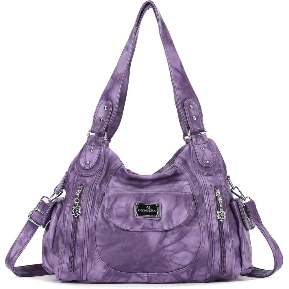 imageAngel Kiss Purses for Women Large Shoulder Bag Hobo Tote Purse Mutipocket Faux Leather Satchel Hobo PurseRetro Purple