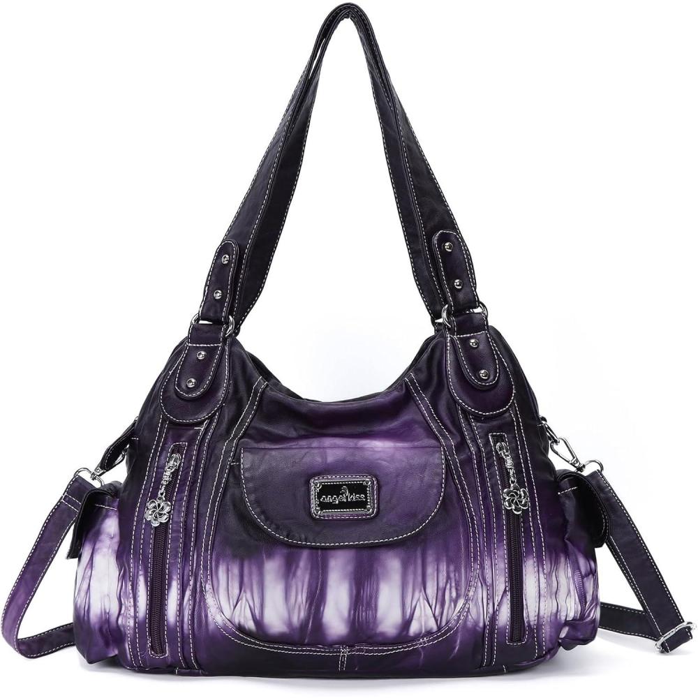 imageAngel Kiss Purses for Women Large Shoulder Bag Hobo Tote Purse Mutipocket Faux Leather Satchel Hobo PurseTie Dye Purple