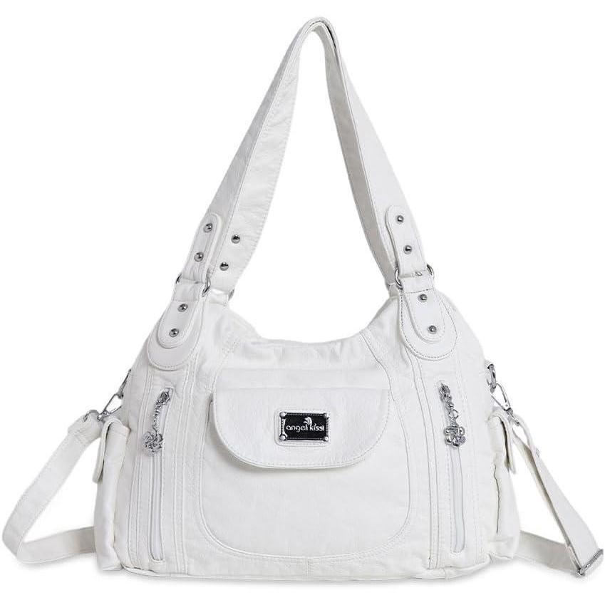 imageAngel Kiss Purses for Women Large Shoulder Bag Hobo Tote Purse Mutipocket Faux Leather Satchel Hobo PurseWhite