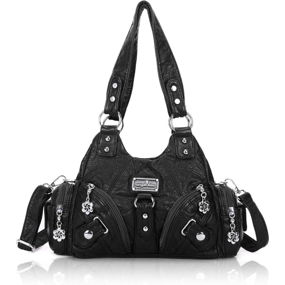 imageAngel Kiss Purses for Women Small Hobo Shoulder Bags Vagen Leather MultiPocket Tote Bag with ZipperBlack
