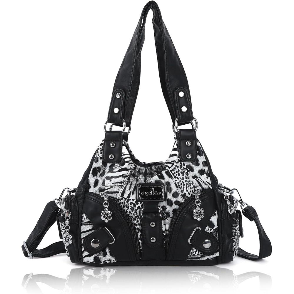 imageAngel Kiss Purses for Women Small Hobo Shoulder Bags Vagen Leather MultiPocket Tote Bag with ZipperLeopard Black