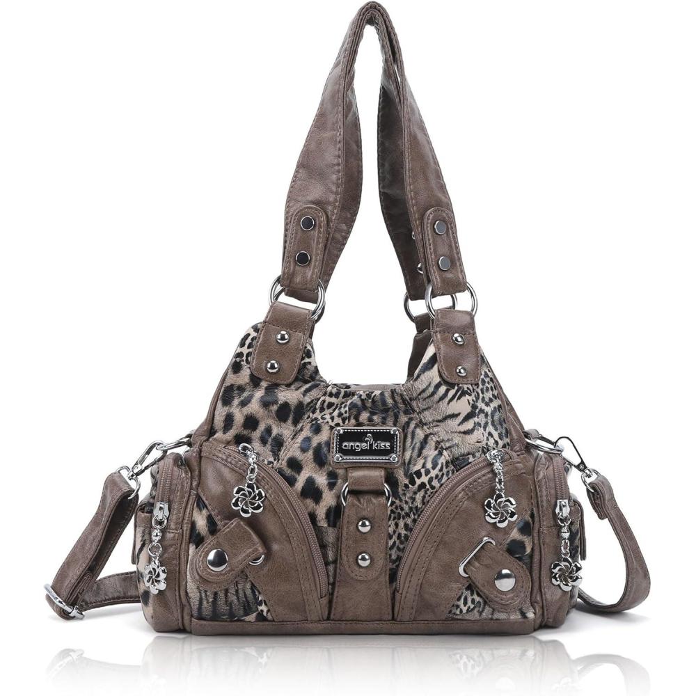 imageAngel Kiss Purses for Women Small Hobo Shoulder Bags Vagen Leather MultiPocket Tote Bag with ZipperLeopard Brown
