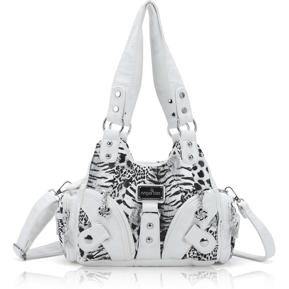 imageAngel Kiss Purses for Women Small Hobo Shoulder Bags Vagen Leather MultiPocket Tote Bag with ZipperLeopard White