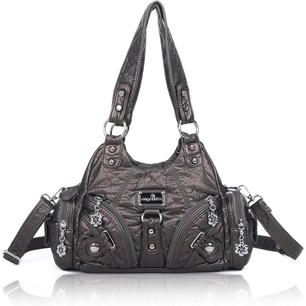 imageAngel Kiss Purses for Women Small Hobo Shoulder Bags Vagen Leather MultiPocket Tote Bag with ZipperPewter