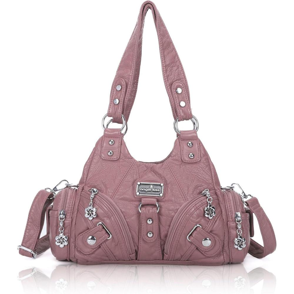 imageAngel Kiss Purses for Women Small Hobo Shoulder Bags Vagen Leather MultiPocket Tote Bag with ZipperPink