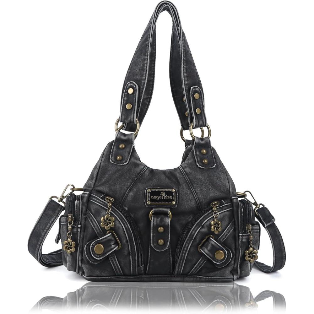 imageAngel Kiss Purses for Women Small Hobo Shoulder Bags Vagen Leather MultiPocket Tote Bag with ZipperRetro Black