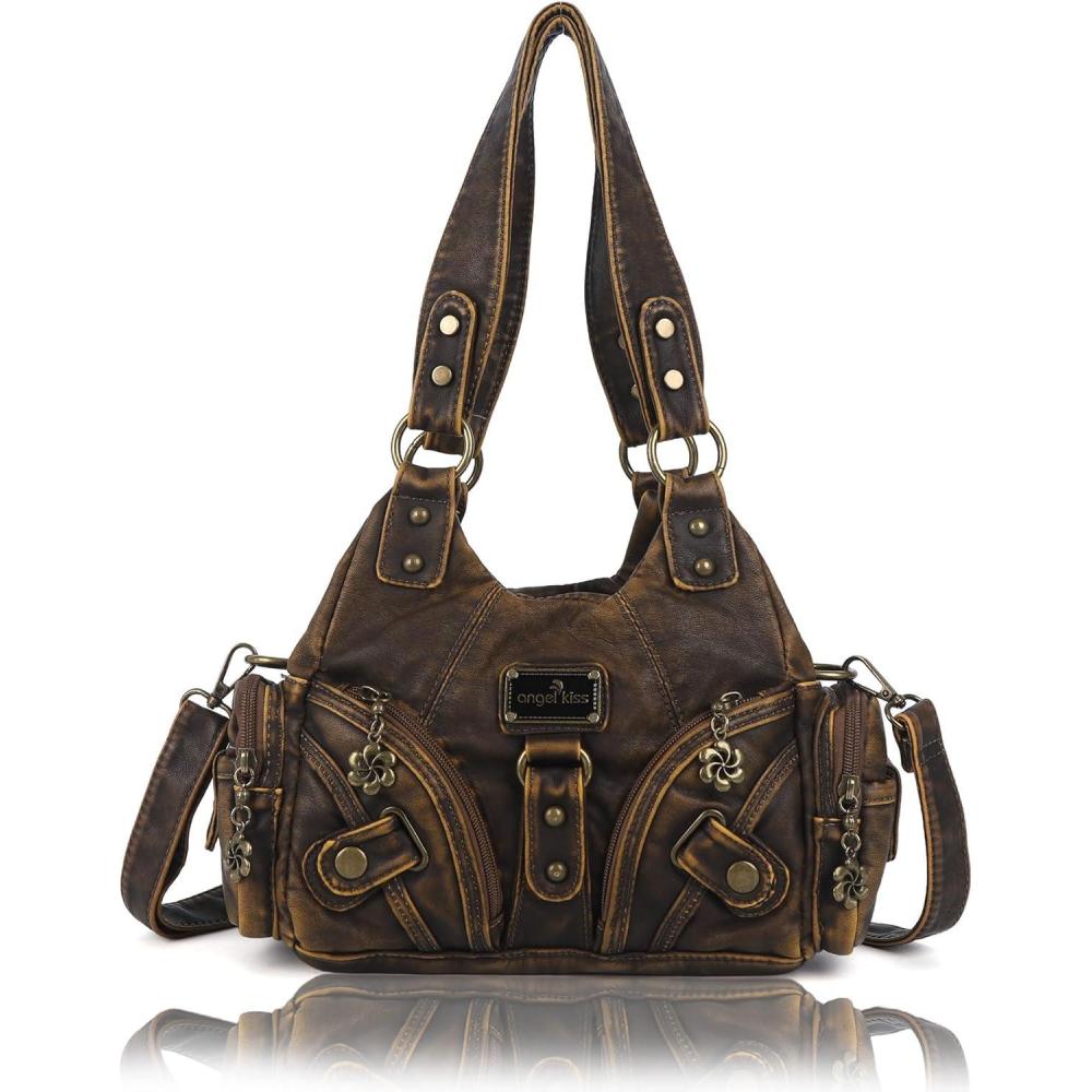 imageAngel Kiss Purses for Women Small Hobo Shoulder Bags Vagen Leather MultiPocket Tote Bag with ZipperRetro Brown