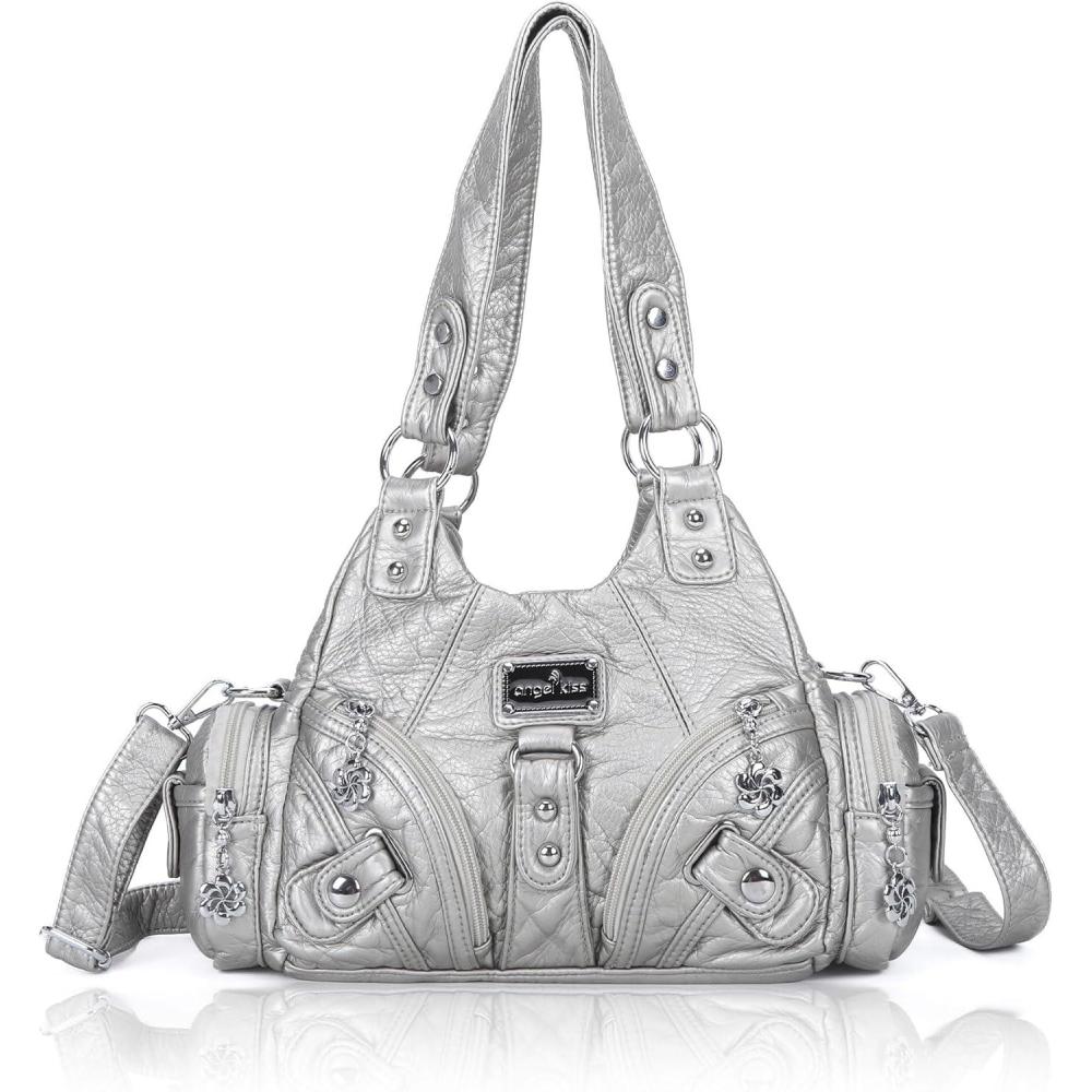 imageAngel Kiss Purses for Women Small Hobo Shoulder Bags Vagen Leather MultiPocket Tote Bag with ZipperSilver