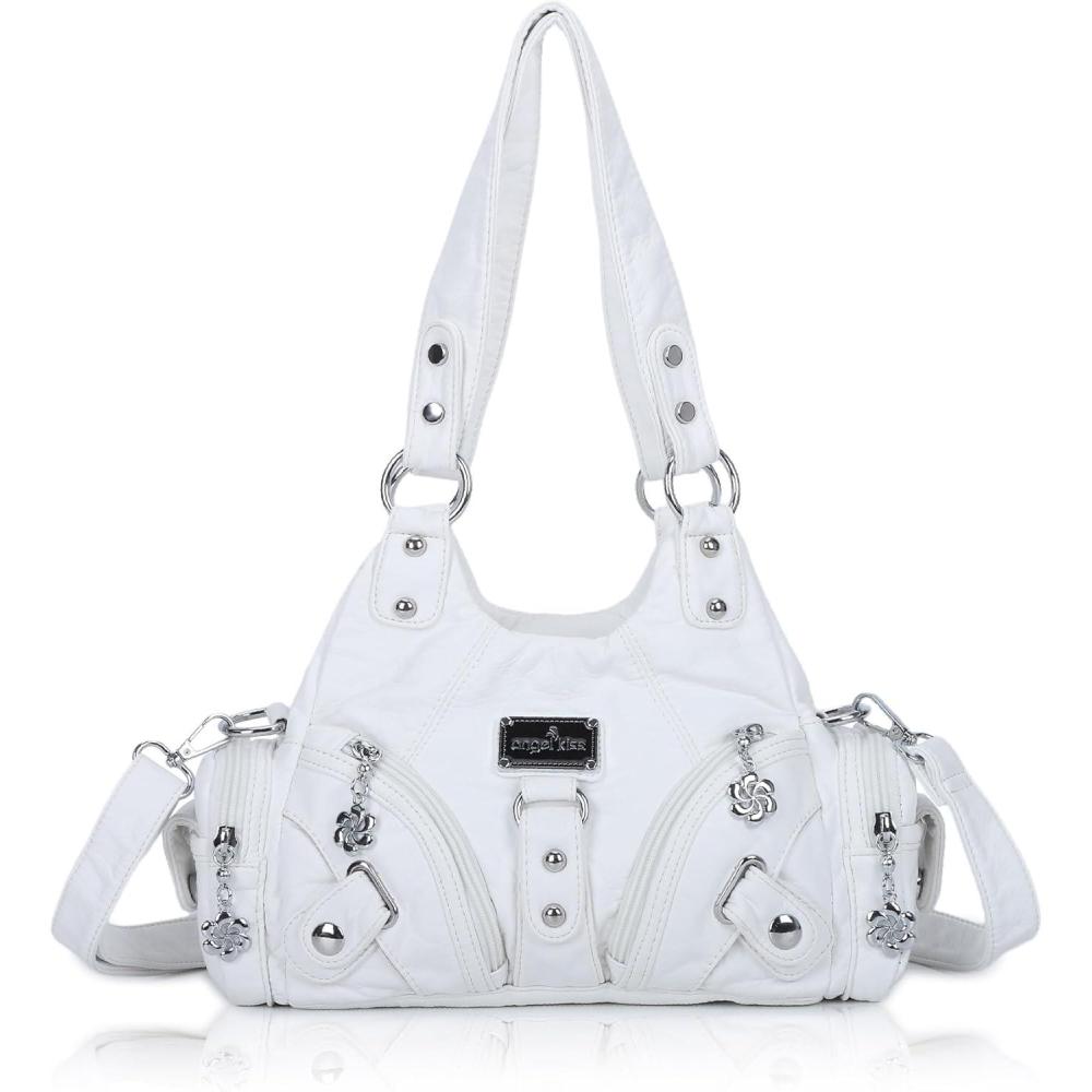 imageAngel Kiss Purses for Women Small Hobo Shoulder Bags Vagen Leather MultiPocket Tote Bag with ZipperWhite