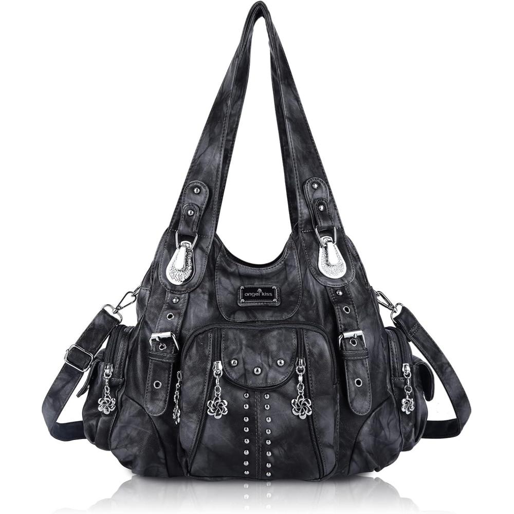 imageAngel Kiss Purses for Women Soft PU Leather Large Hobo Bags for Women Shoulder BagBlack Grey