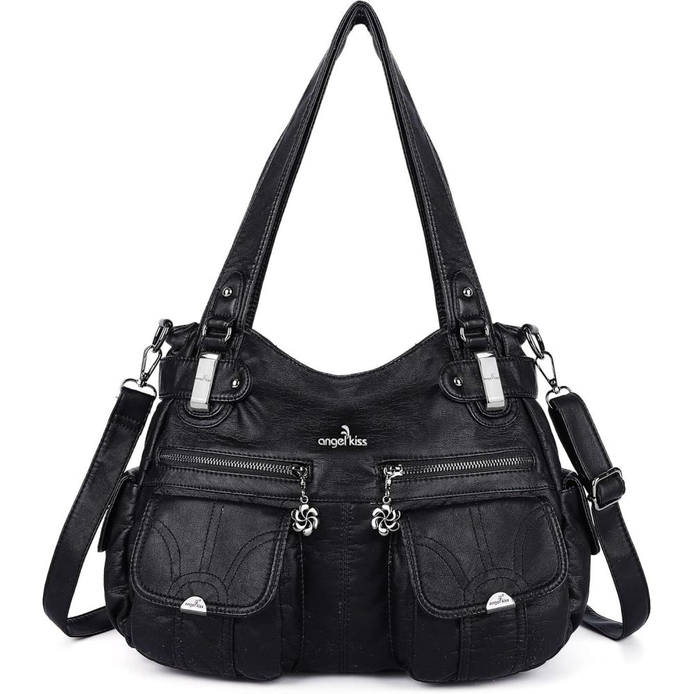 imageAngel Kiss Womens Designer Handbag Large Double Zipper Multi Pocket Washed Leather Purse11black