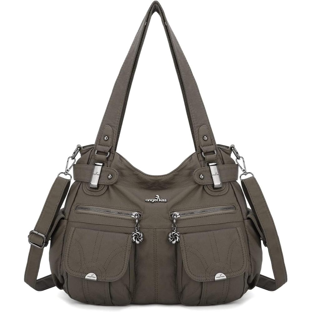 imageAngel Kiss Womens Designer Handbag Large Double Zipper Multi Pocket Washed Leather Purse1clay Grey
