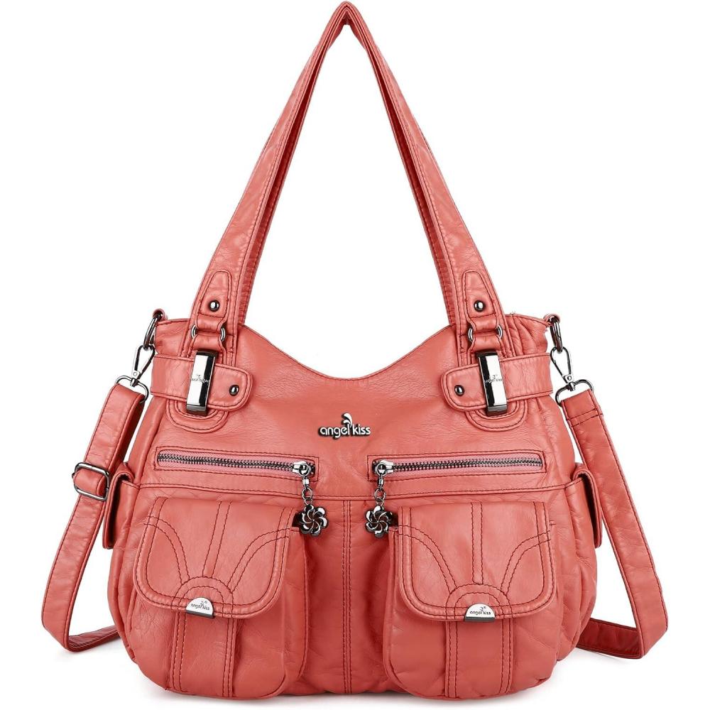 imageAngel Kiss Womens Designer Handbag Large Double Zipper Multi Pocket Washed Leather Purse1coral