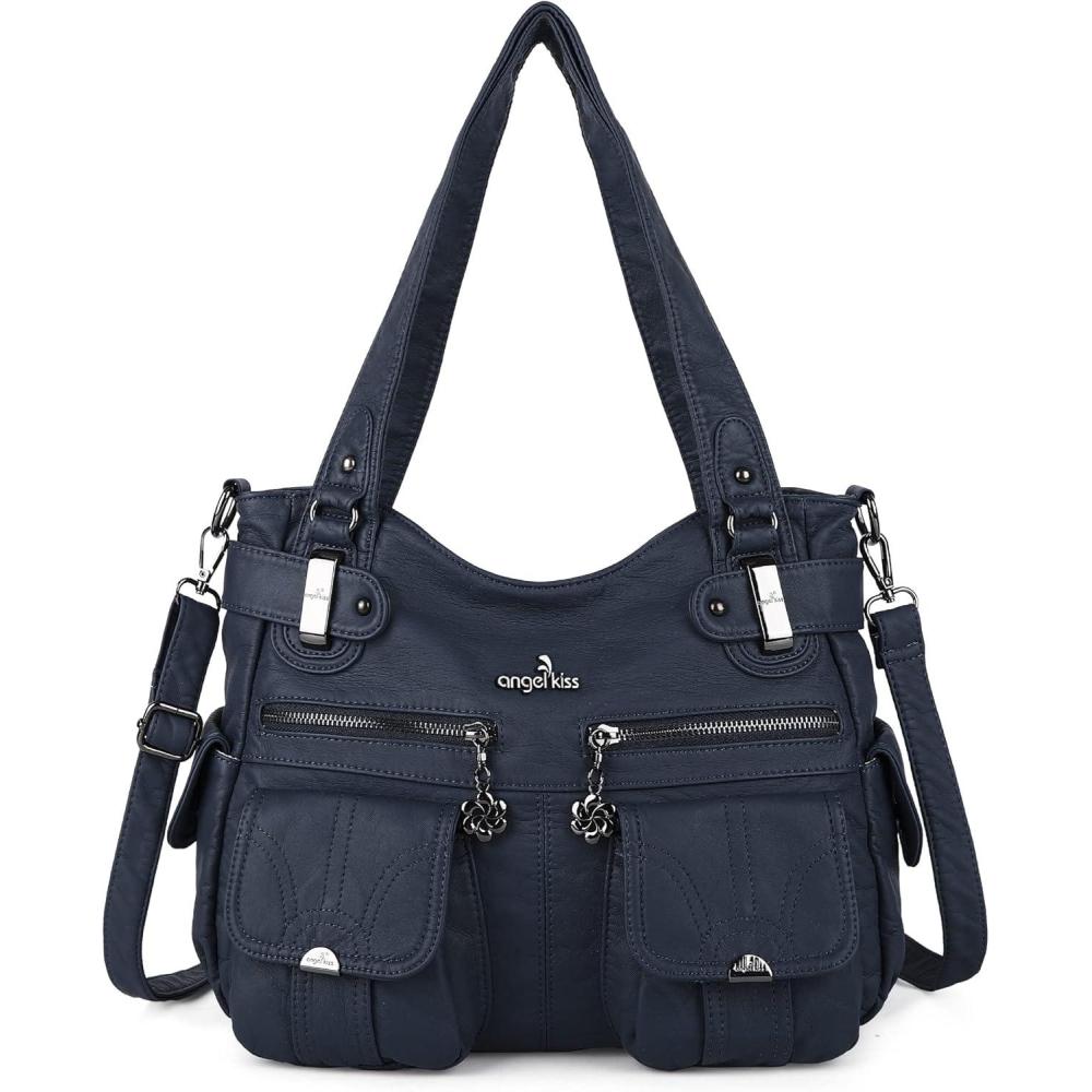 imageAngel Kiss Womens Designer Handbag Large Double Zipper Multi Pocket Washed Leather Purse1denim Blue