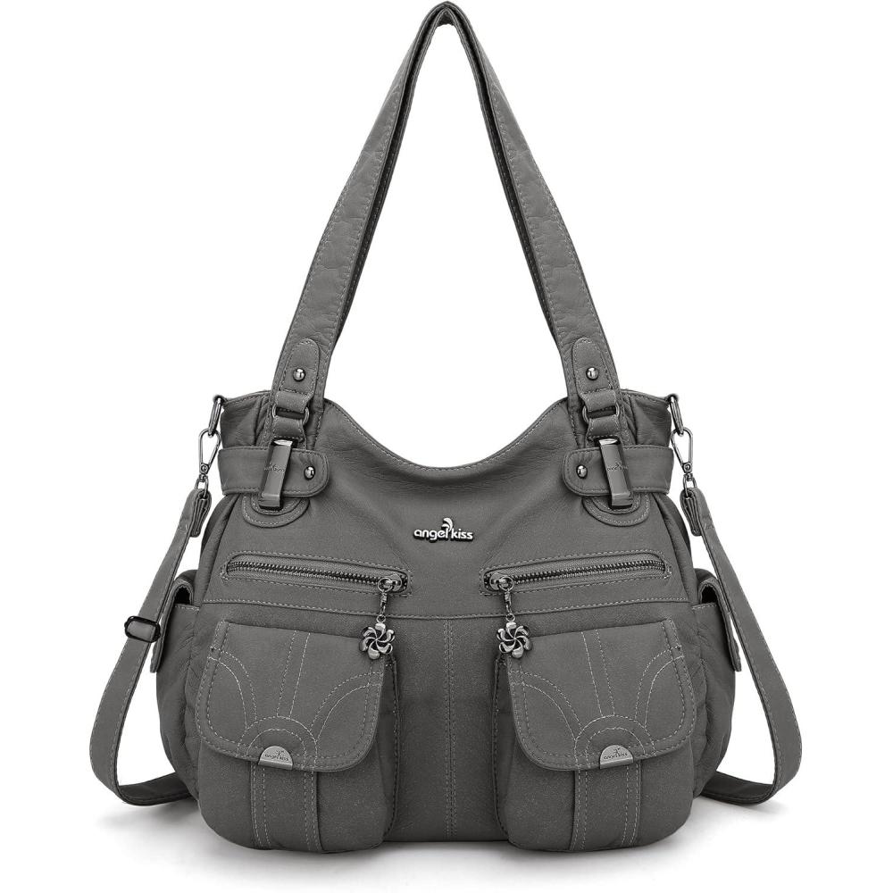 imageAngel Kiss Womens Designer Handbag Large Double Zipper Multi Pocket Washed Leather Purse1grey