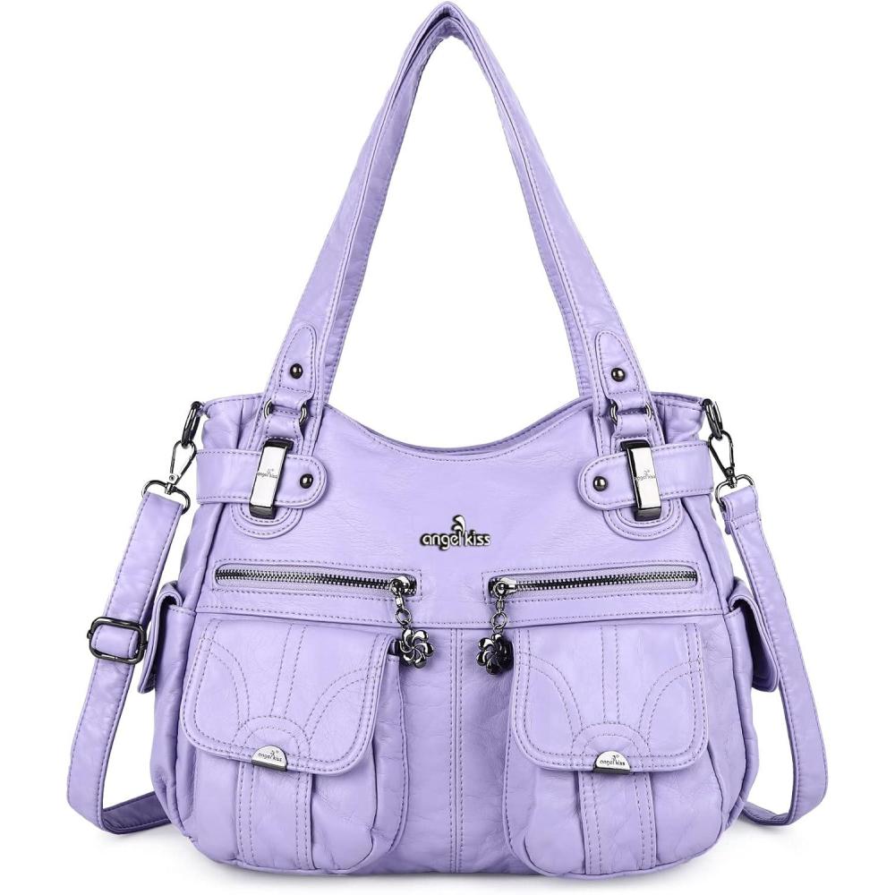 imageAngel Kiss Womens Designer Handbag Large Double Zipper Multi Pocket Washed Leather Purse1lpurple