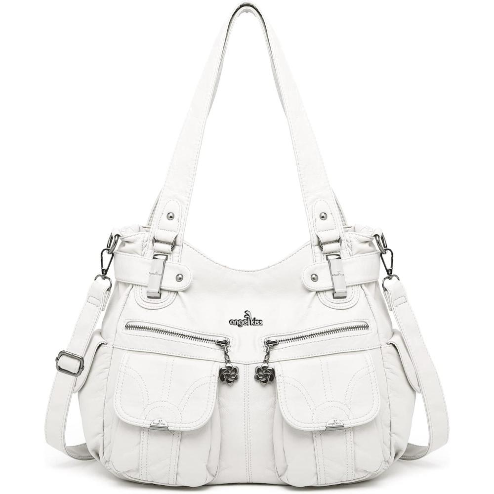 imageAngel Kiss Womens Designer Handbag Large Double Zipper Multi Pocket Washed Leather Purse1white