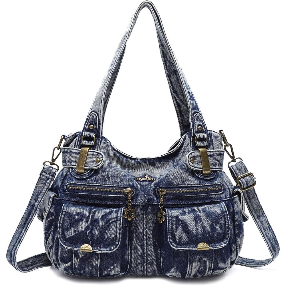 imageAngel Kiss Womens Designer Handbag Large Double Zipper Multi Pocket Washed Leather Purse2denim Blue