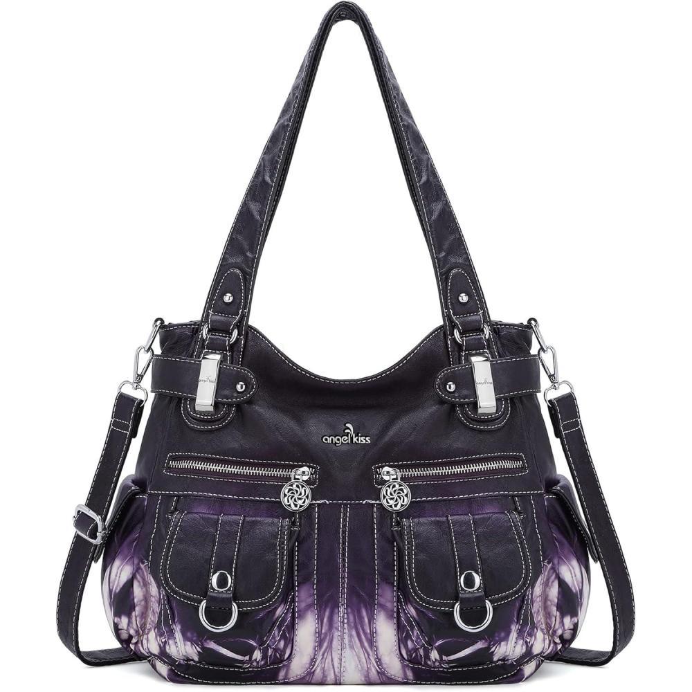 imageAngel Kiss Womens Designer Handbag Large Double Zipper Multi Pocket Washed Leather Purse2tiedyed Purple