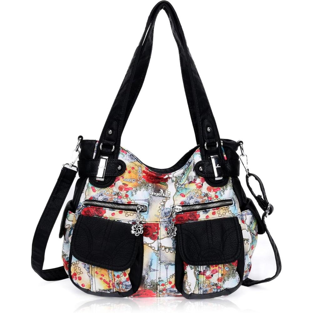 imageAngel Kiss Womens Designer Handbag Large Double Zipper Multi Pocket Washed Leather Purse3flowerblack