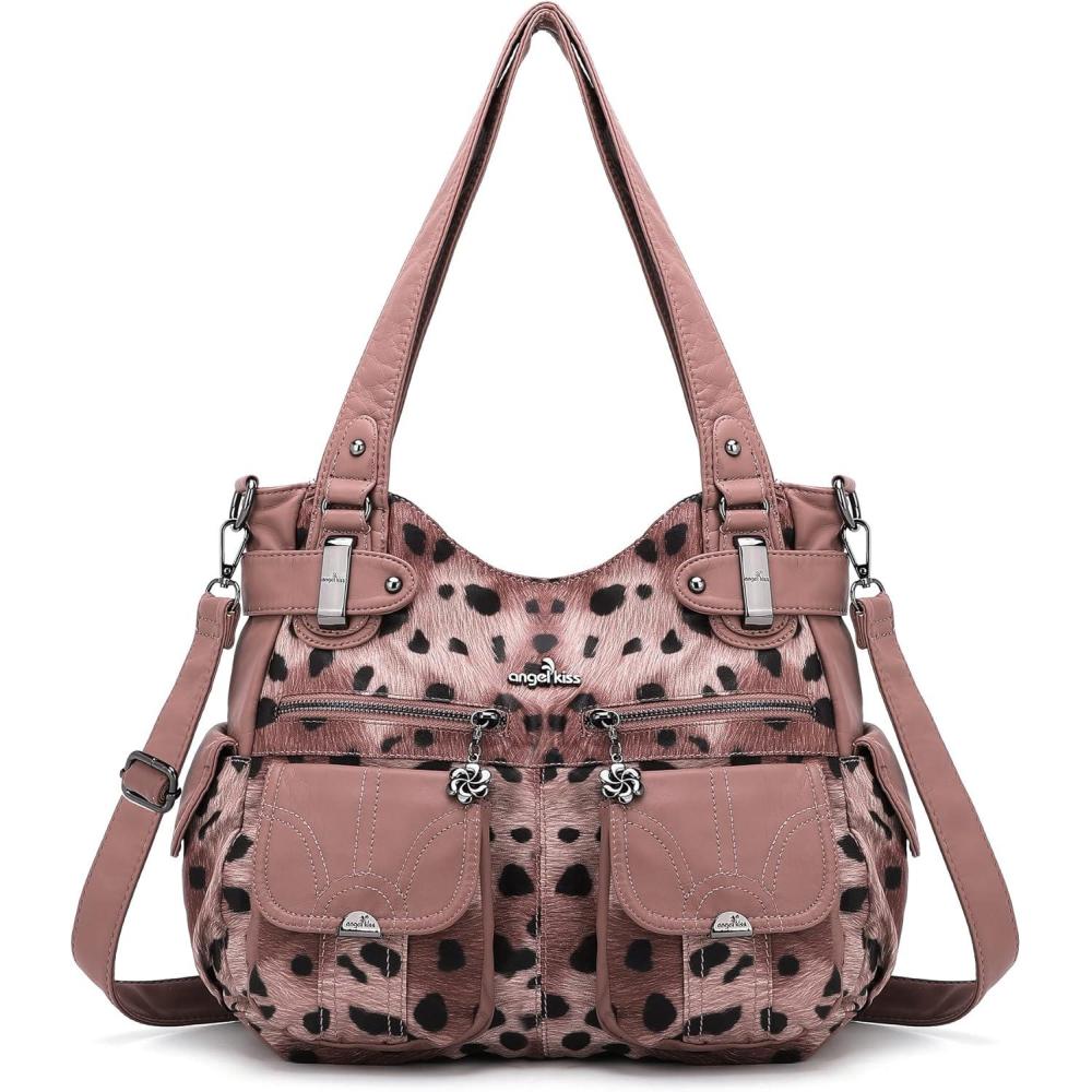 imageAngel Kiss Womens Designer Handbag Large Double Zipper Multi Pocket Washed Leather Purse3pink Leopard