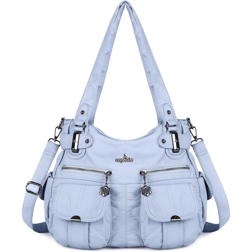 imageAngel Kiss Womens Designer Handbag Large Double Zipper Multi Pocket Washed Leather PurseLblue