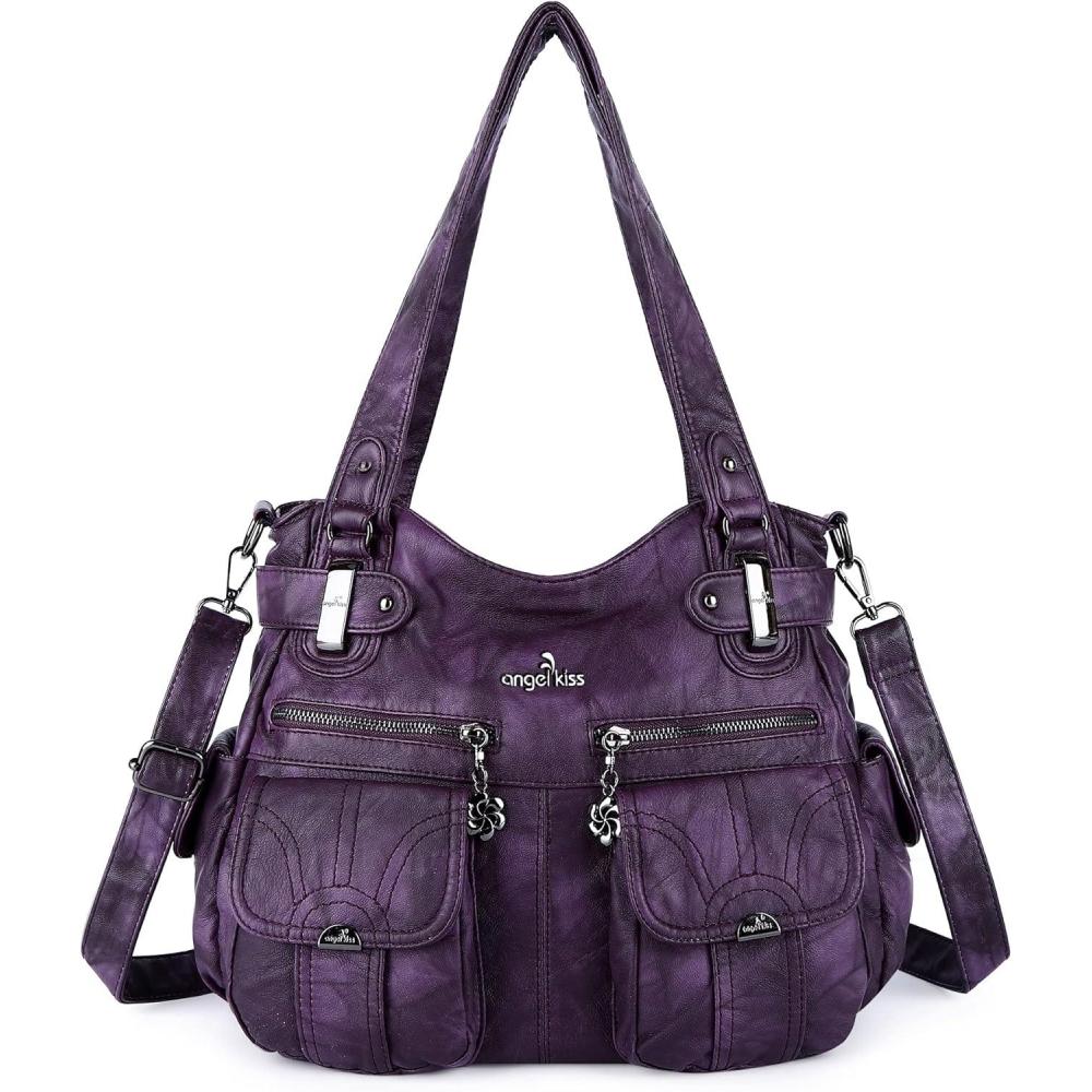 imageAngel Kiss Womens Designer Handbag Large Double Zipper Multi Pocket Washed Leather PurseRetro Purple