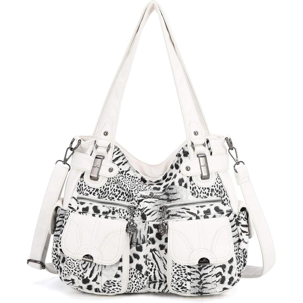 imageAngel Kiss Womens Designer Handbag Large Double Zipper Multi Pocket Washed Leather PurseWhite  Leopard