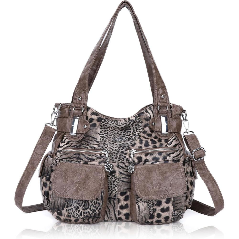 imageAngel Kiss Womens Designer Handbag Large Double Zipper Multi Pocket Washed Leather PurseYellow Leopard