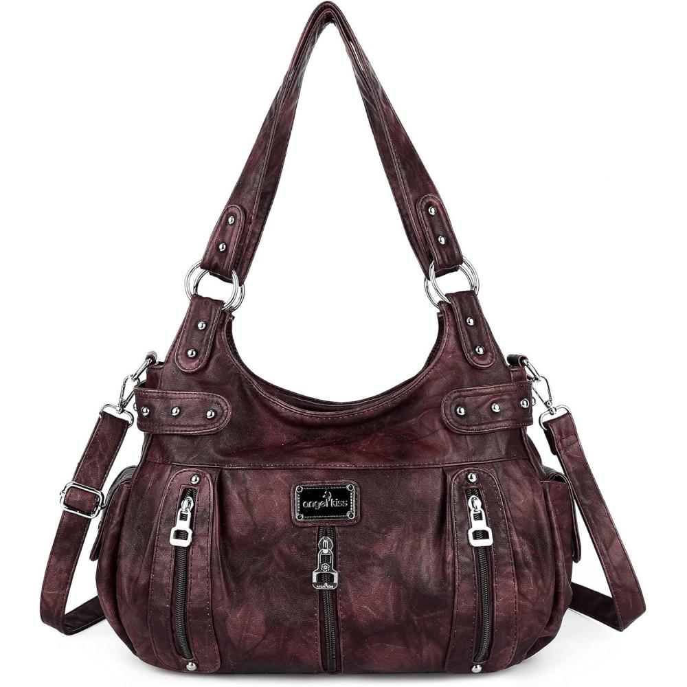 imageAngelkiss Large Purses and Handbags for Women Washed Faux Leather Crossbody Hobo Satchel Shoulder Handbag Tote Purse1dpink