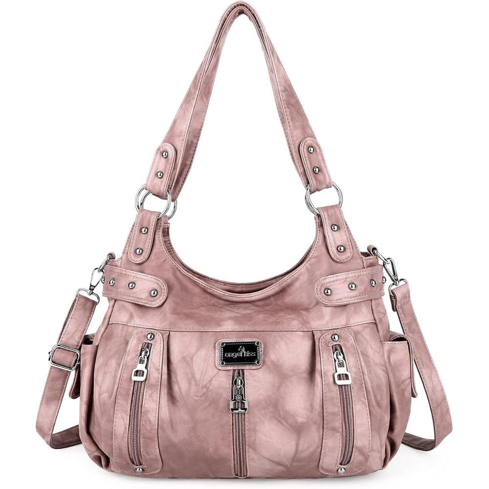 imageAngelkiss Large Purses and Handbags for Women Washed Faux Leather Crossbody Hobo Satchel Shoulder Handbag Tote Purse1pink