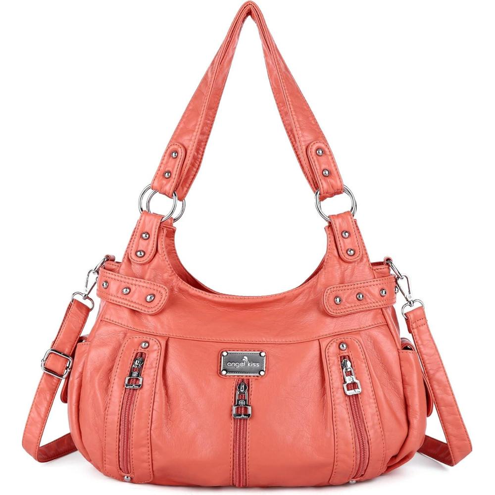imageAngelkiss Large Purses and Handbags for Women Washed Faux Leather Crossbody Hobo Satchel Shoulder Handbag Tote Purse8901coral